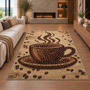 Coffee Bean Cup Art rug in a living room with a fireplace