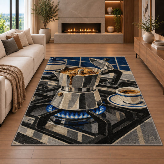 Moka Pot on the Stove rug in a living room with a fireplace