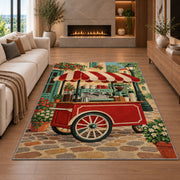 Retro Coffee Cart rug in a living room with a fireplace