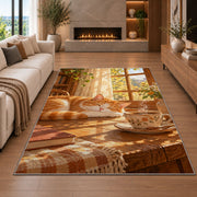 Cat and Morning Coffee rug in a living room with a fireplace