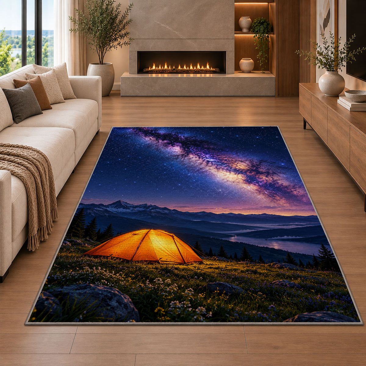 Orange Tent Under the Milky Way rug in a living room with a fireplace