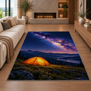Orange Tent Under the Milky Way rug in a living room with a fireplace