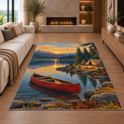 Red Canoe and Tent at Sunrise Lake rug in a living room with a fireplace