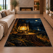 Vintage Camping Lantern rug in a living room with a fireplace
