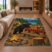 Black Bear Campsite Picnic rug in a living room with a fireplace