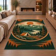 Vintage Camping Badge rug in a living room with a fireplace