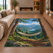 Hammock Between Pines rug in a living room with a fireplace