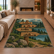 Camping Trail Signpost rug in a living room with a fireplace