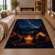 Family Campfire Under the Stars rug in a living room with a fireplace