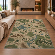 Topographic Trail Map rug in a living room with a fireplace