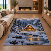 A-Frame Cabin in Snowy Pines rug in a living room with a fireplace