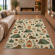 Camping Gear Pattern rug in a living room with a fireplace
