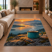 Steaming Camp Mug at Dawn rug in a living room with a fireplace