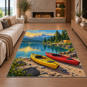 Kayaks on the Lakeshore rug in a living room with a fireplace