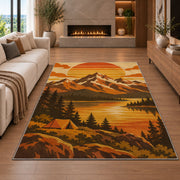 Retro 70s Mountain Sunset rug in a living room with a fireplace