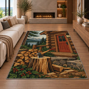 Firewood and Axe by Cabin rug in a living room with a fireplace