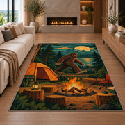 Bigfoot Campsite rug in a living room with a fireplace