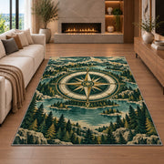 Compass in Mountain Forest Ring rug in a living room with a fireplace