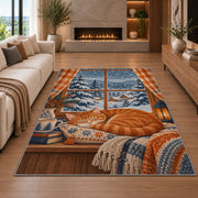 Orange Cat Snowy Window rug in a living room with a fireplace