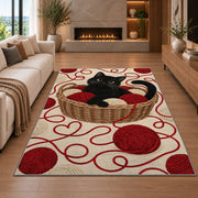 Black Cat Yarn Basket rug in a living room with a fireplace