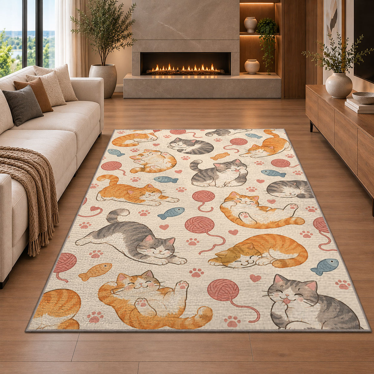 Lazy Cats Pattern rug in a living room with a fireplace