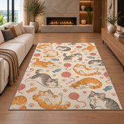 Lazy Cats Pattern rug in a living room with a fireplace