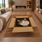 Calico Cat in a Box rug in a living room with a fireplace