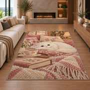 White Cat and Tea rug in a living room with a fireplace