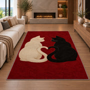 Cats with Heart Tails rug in a living room with a fireplace