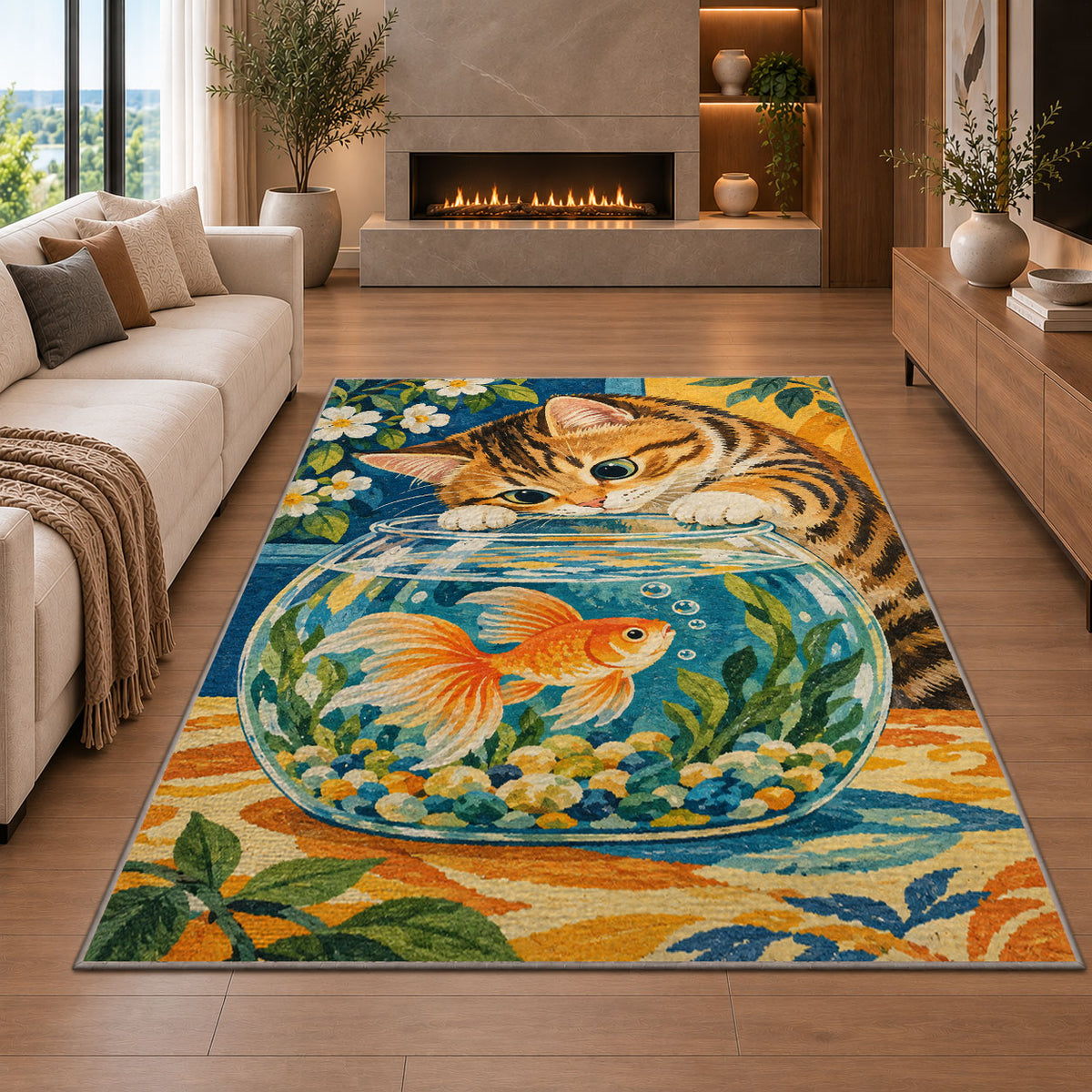 Tabby Cat and Goldfish rug in a living room with a fireplace