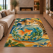 Tabby Cat and Goldfish rug in a living room with a fireplace