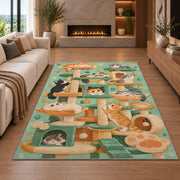 Cat Tree Playground rug in a living room with a fireplace