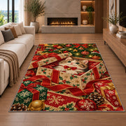 Kitten in Christmas Gift rug in a living room with a fireplace