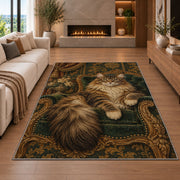 Maine Coon on Velvet Chair rug in a living room with a fireplace