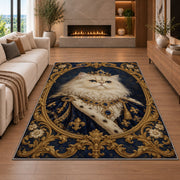Royal Persian Cat Portrait rug in a living room with a fireplace