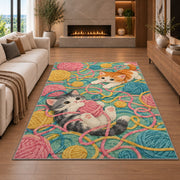 Kittens Tangled in Yarn rug in a living room with a fireplace
