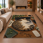 Cat Napping on Laptop rug in a living room with a fireplace
