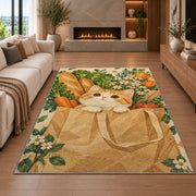 Cat in Grocery Bag rug in a living room with a fireplace