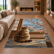 Cat Watching Sparrows rug in a living room with a fireplace