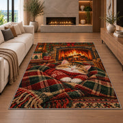 Sweater Kitten by Fireplace rug in a living room with a fireplace