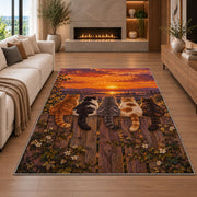 Cats on Fence at Sunset rug in a living room with a fireplace