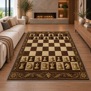 classic wooden chessboard rug in a living room with a fireplace