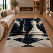 black king and white queen chess pieces rug in a living room with a fireplace
