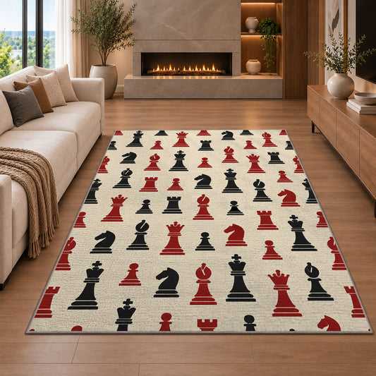 chess pieces pattern rug in a living room with a fireplace