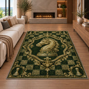 knight chess emblem rug in a living room with a fireplace