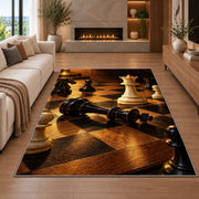checkmate chess scene rug in a living room with a fireplace