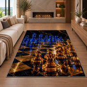 glowing glass chess pieces rug in a living room with a fireplace