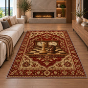 chess clock and chess pieces rug in a living room with a fireplace