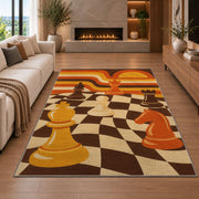 retro 70s chessboard rug in a living room with a fireplace