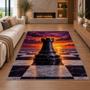 rook chess piece at sunset rug in a living room with a fireplace